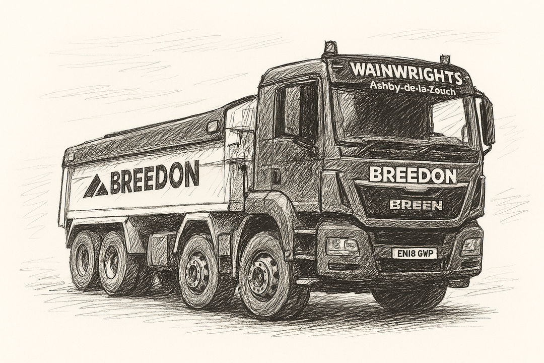 Breedon truck drawing, driving on a road, company logo visible.Wainwrights lorry.