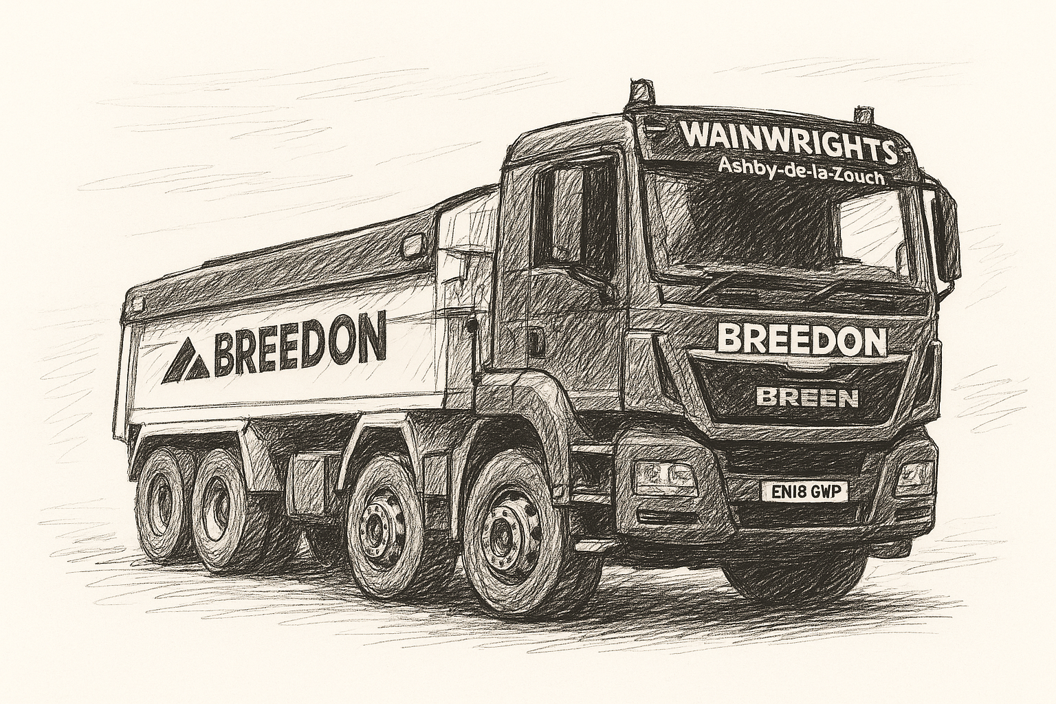 Breedon truck drawing, driving on a road, company logo visible.Wainwrights lorry.
