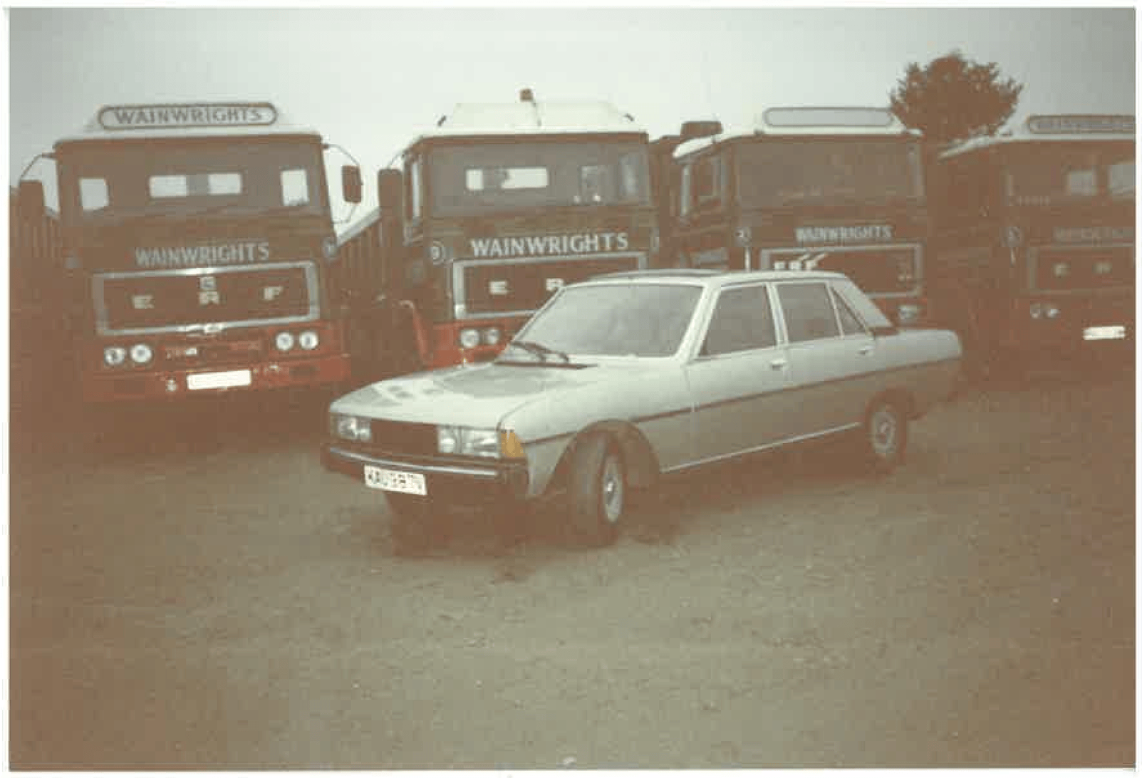 Silver car parked in front of several trucks with