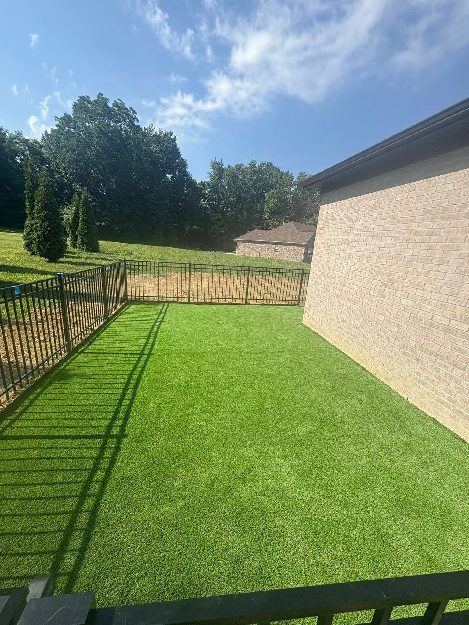 Sunlit backyard with green lawn, beige house wall, and black metal fence under a blue sky