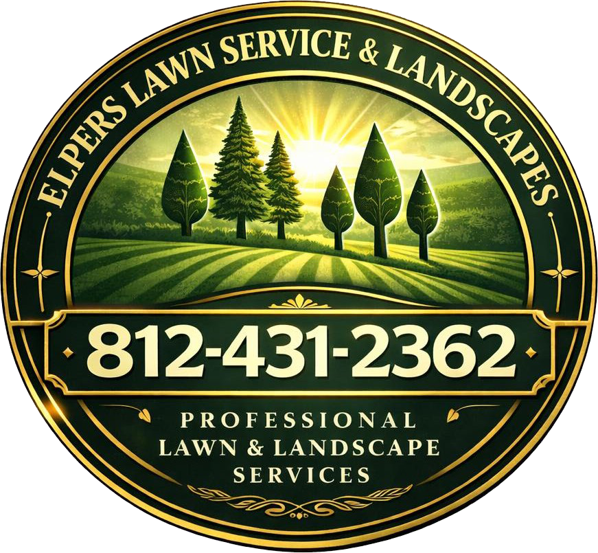 Elyers Lawn Service & Landscapes logo with green trees, sunburst, and phone number 812-431-2362