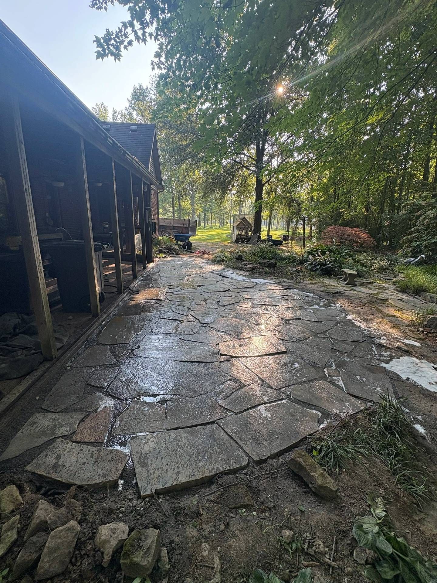 Stone path beside a wooden building in a sunny garden, with trees and shrubs ahead.