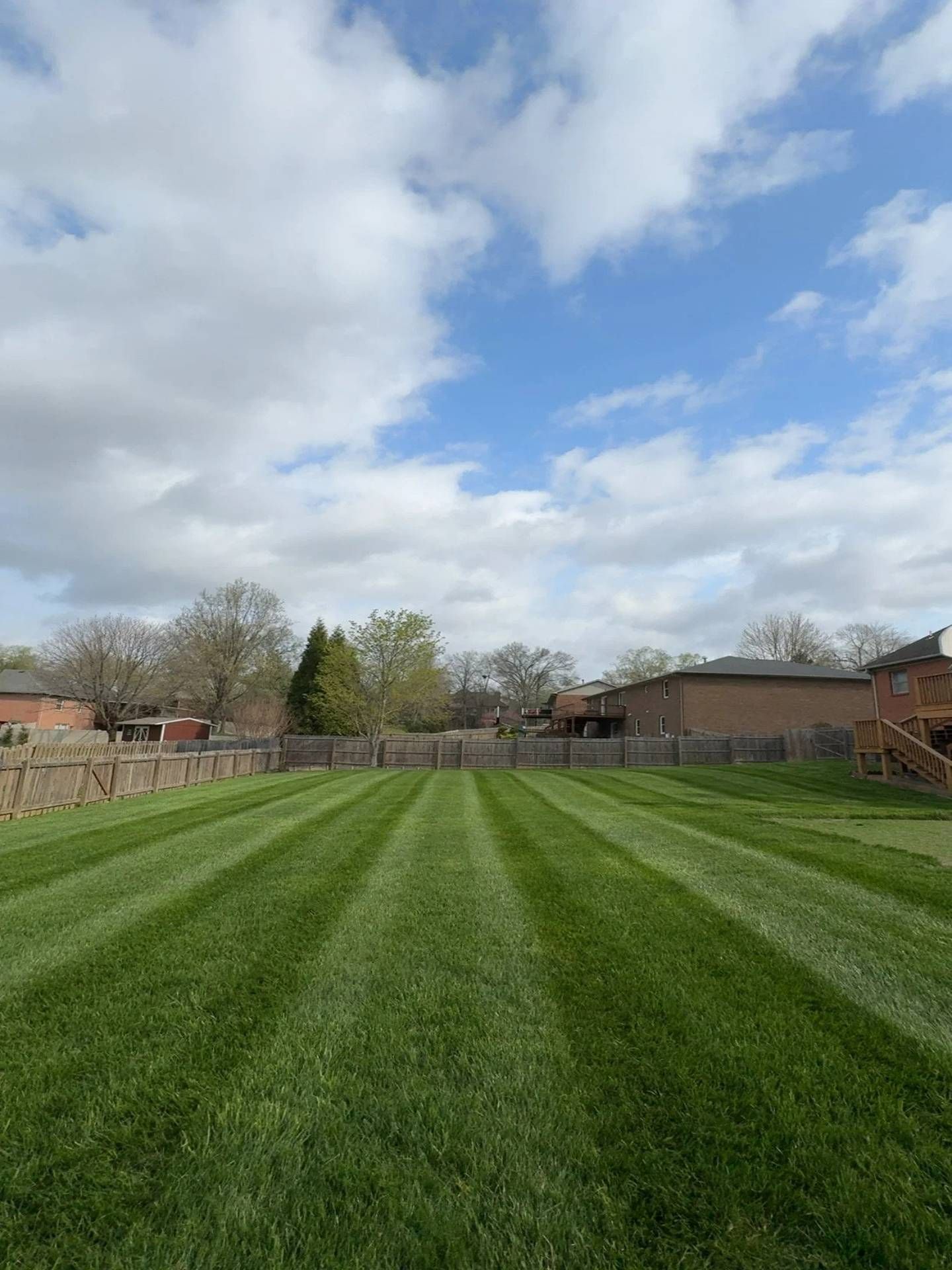 Wide grassy backyard with striped lawn, trees, fences, and cloudy blue sky