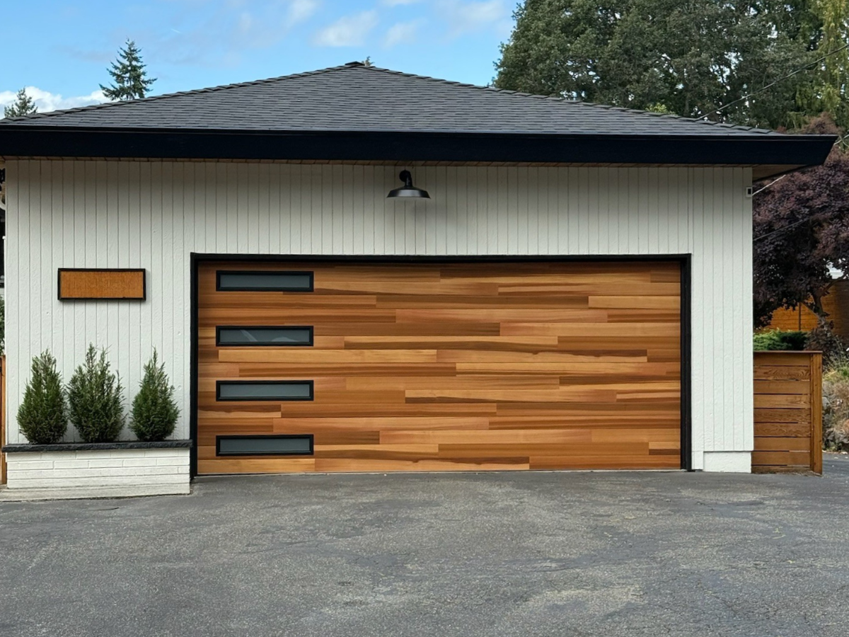 Contemporary wood garage door with horizontal panels in Bothell