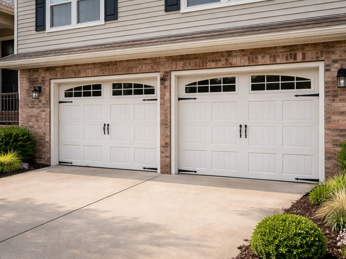 Two white garage doors on a brick townhouse with a concrete driveway