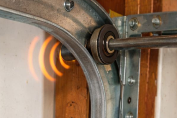 Garage door roller inside metal track illustrating excessive noise during operation