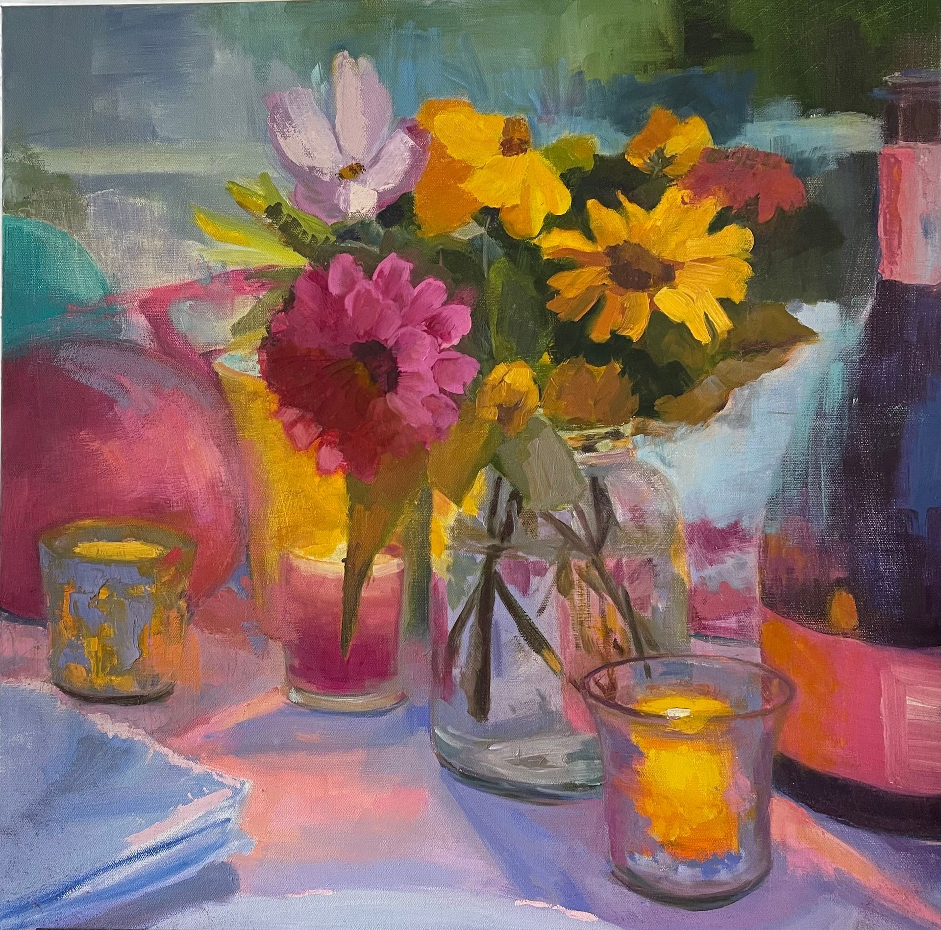 Impressionistic painting of a floral bouquet in a glass vase, flanked by candles and a wine bottle on a table.
