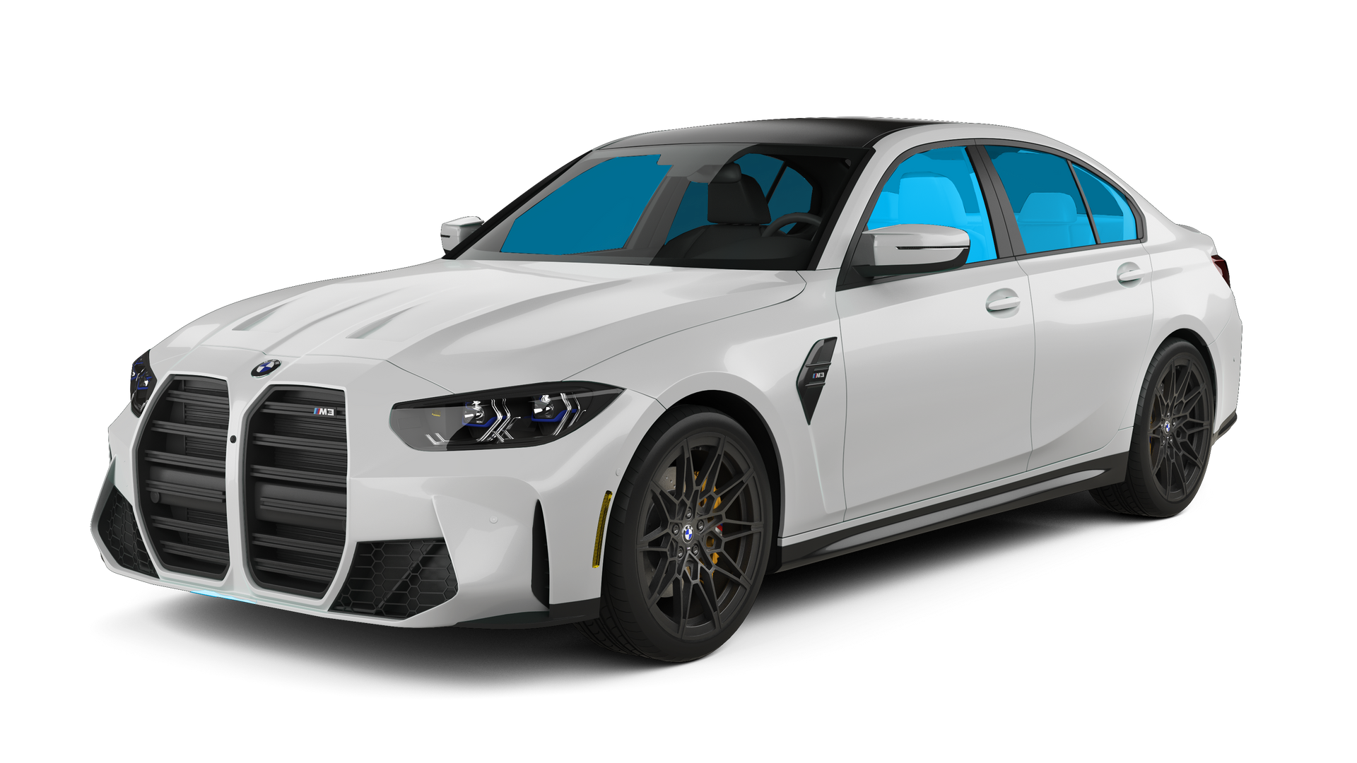 White sedan car with black racing stripes, front-left view on a plain white background