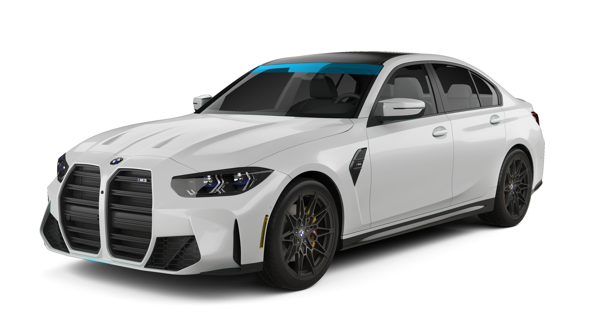 White BMW sedan with black trim and dark wheels, shown in a front three-quarter view on a white background