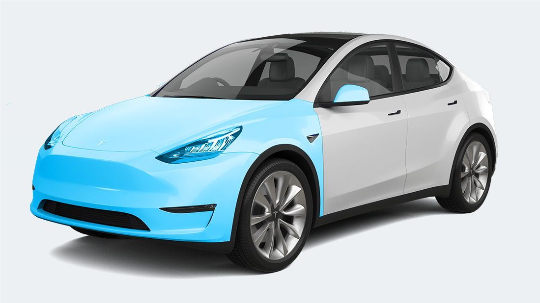A white tesla model y with a blue stripe on the front bumper.