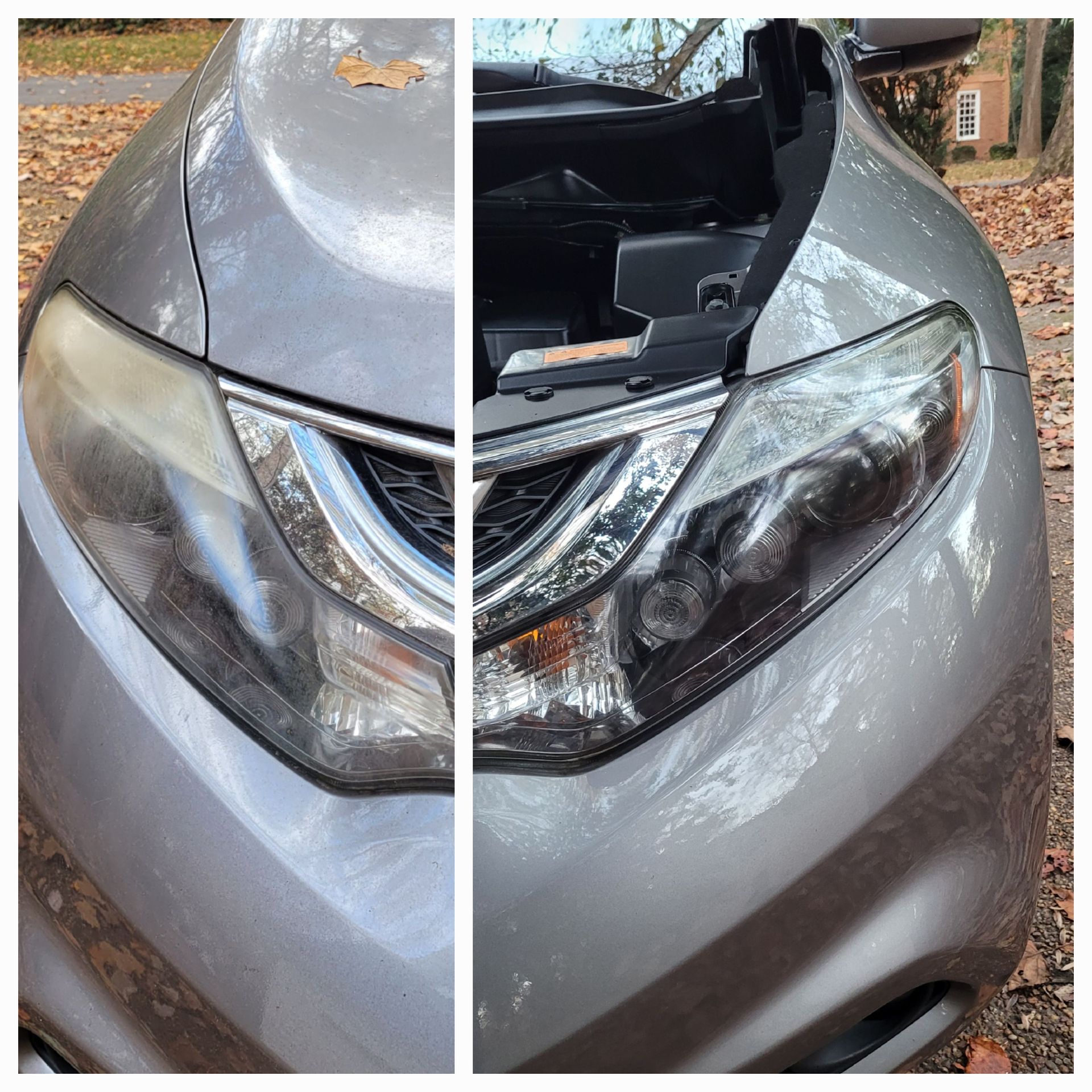 A before and after photo of a car 's headlights.