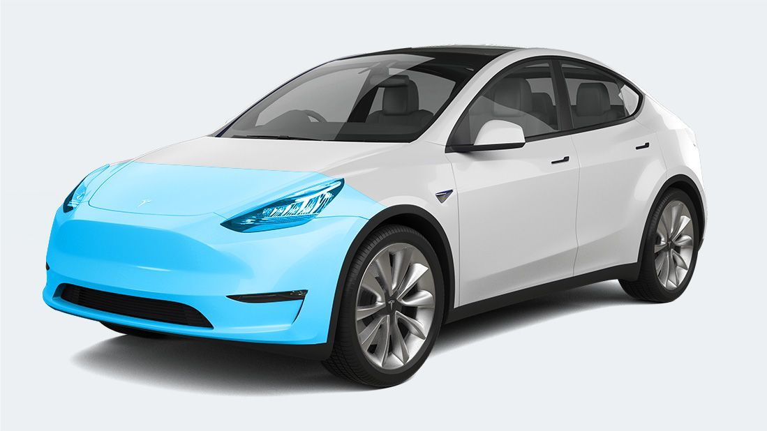A white tesla model y with a blue stripe on the front bumper.