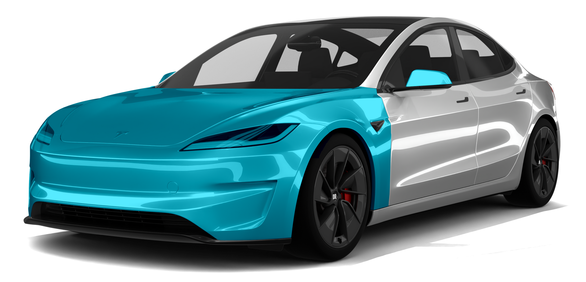 Teal and silver futuristic electric sedan on a white background