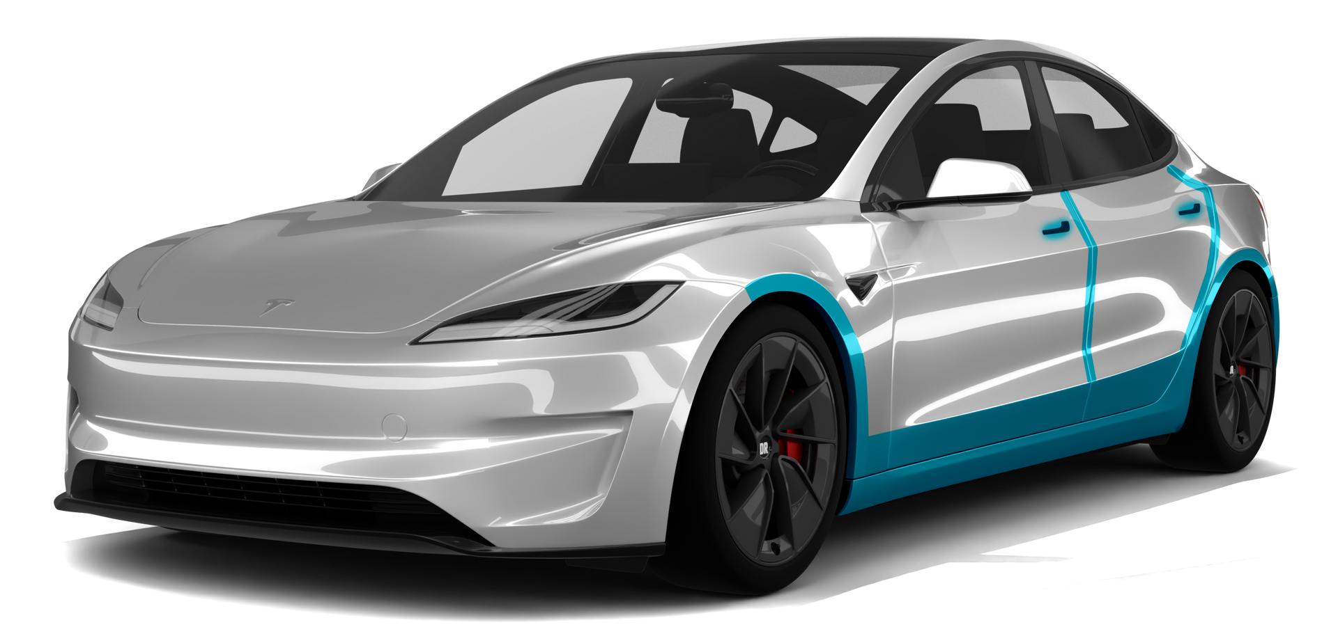 Silver electric sedan with blue accents, black roof, and sporty wheels on a white background