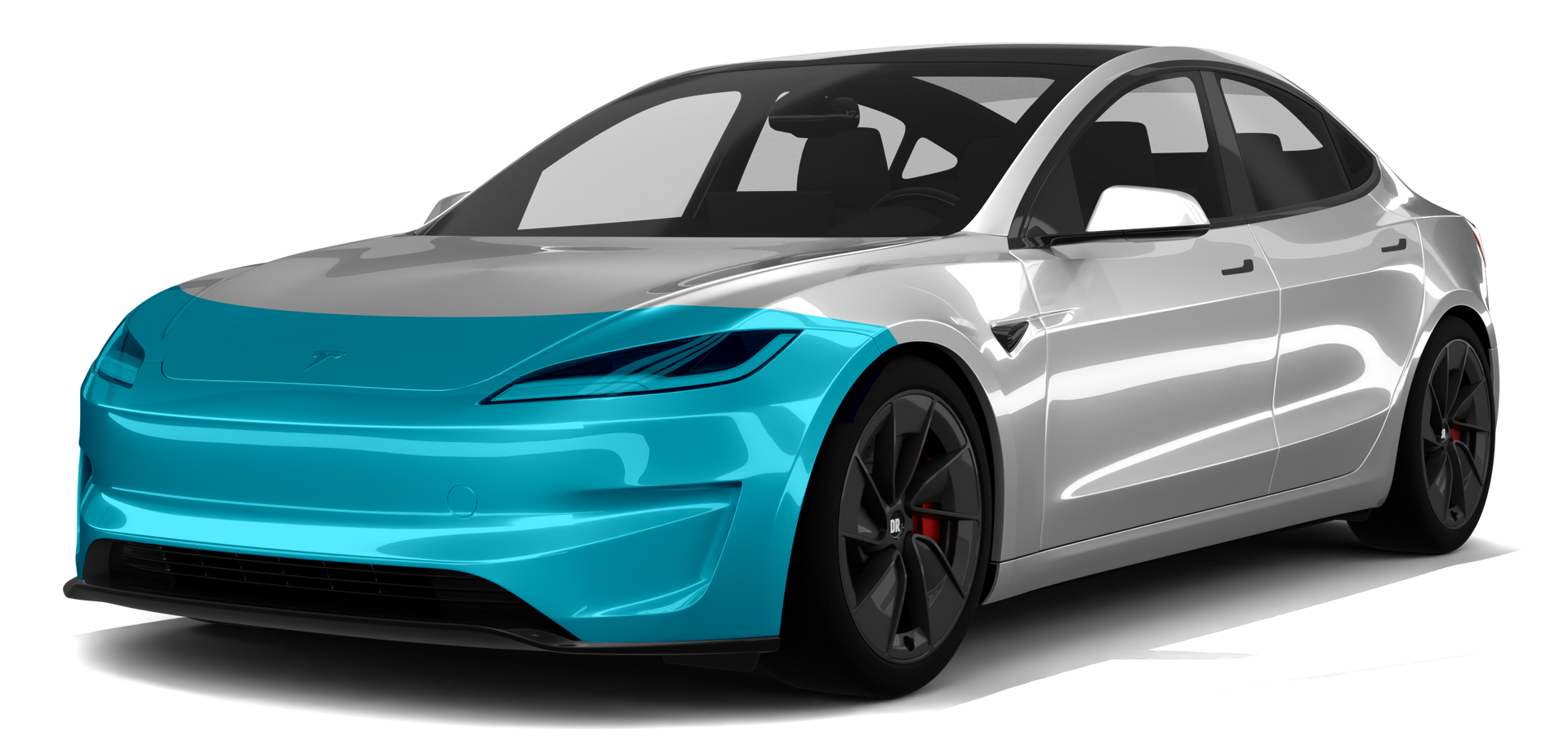 Silver sedan with a turquoise front wrap and black wheels on a white background