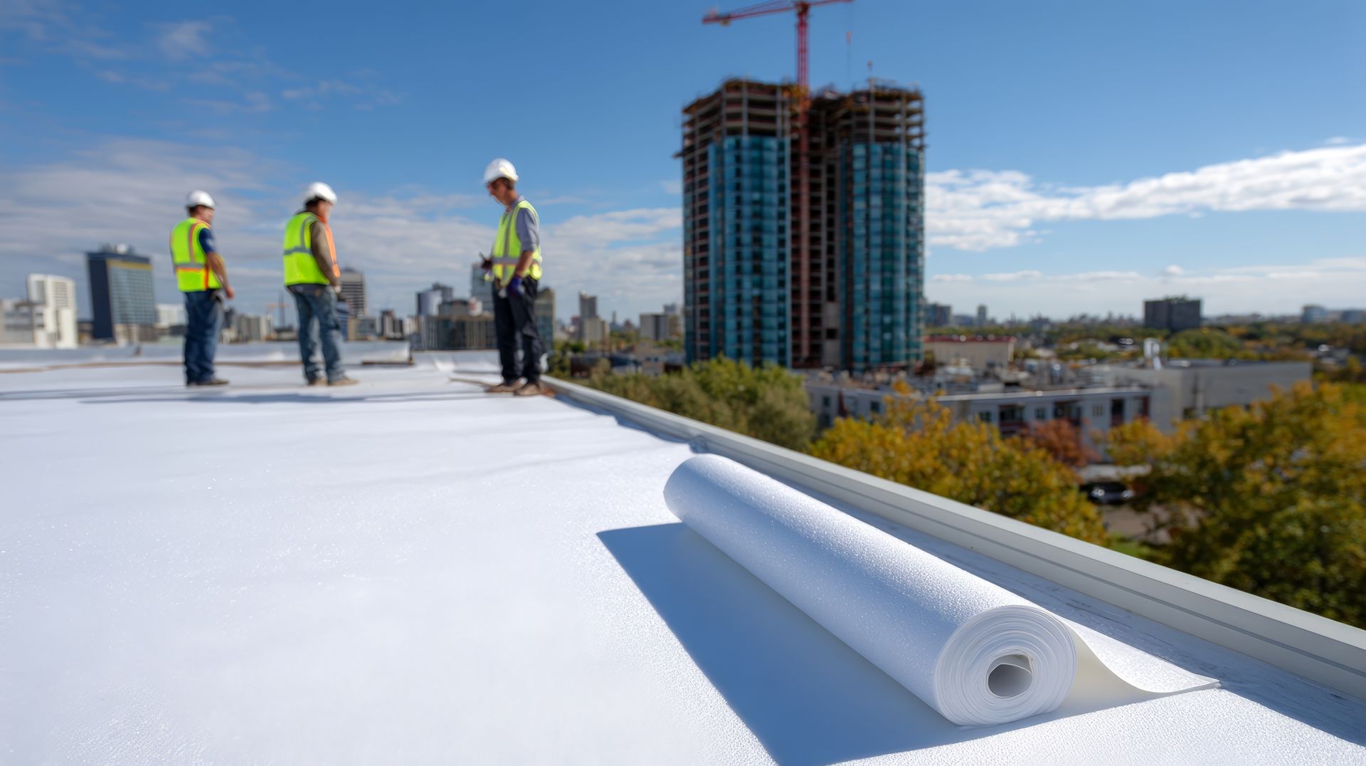 Roofers in safety gear on a white TPO commercial roof with a membrane roll.