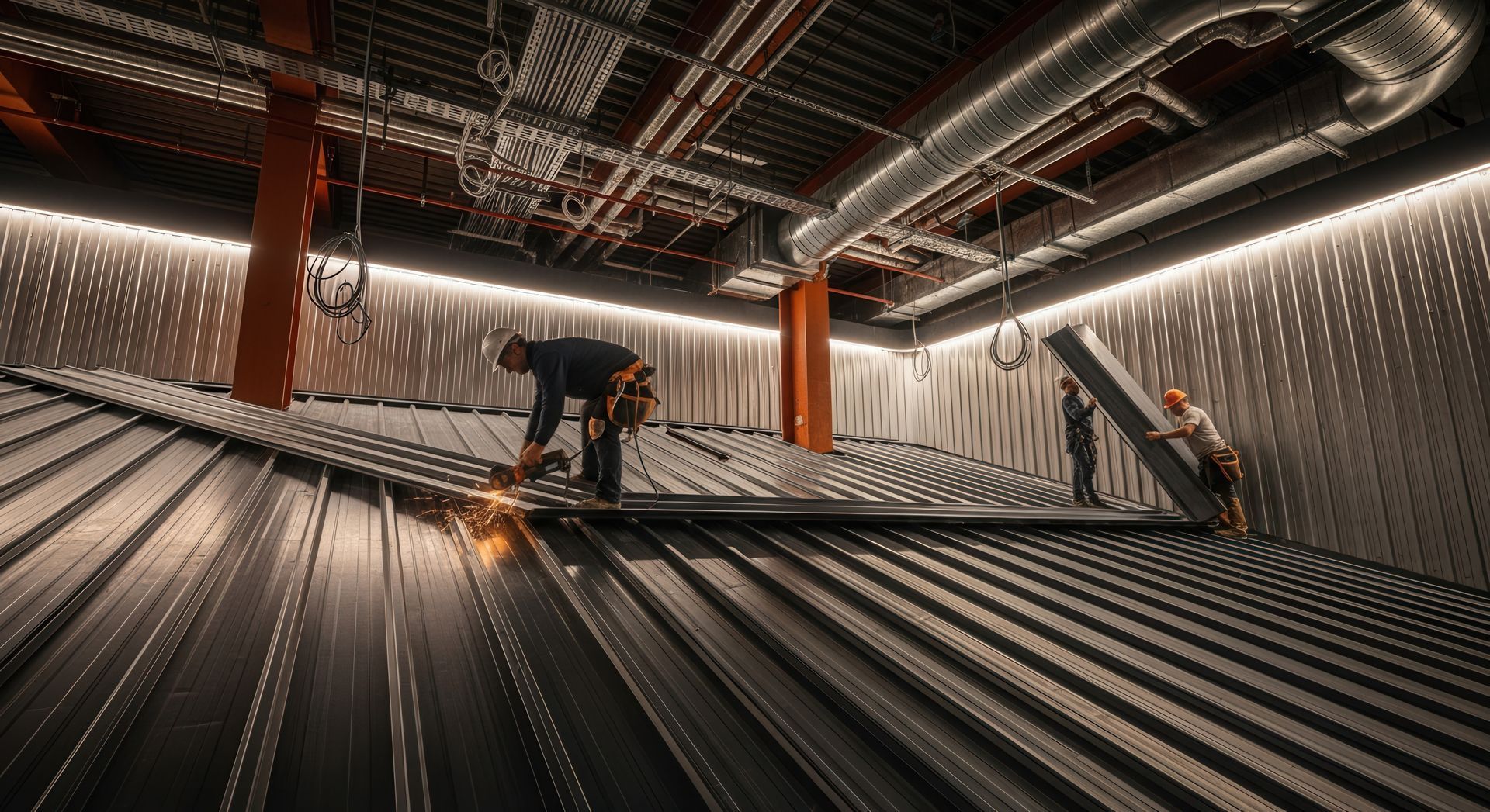 Workers installing standing seam metal roofing panels inside a building. Workers installing standing seam metal roofing panels inside a building.