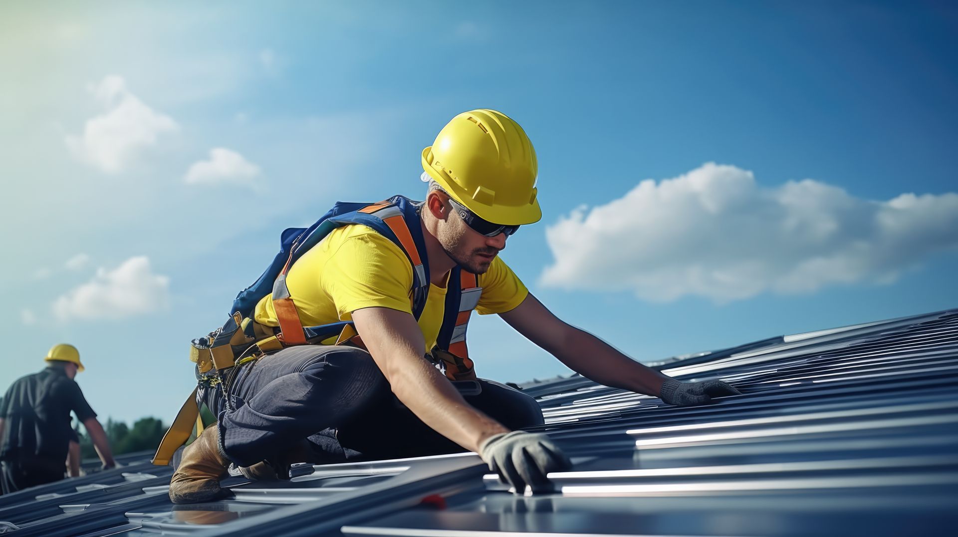 Commercial roofer installing metal roof panels on a rooftop under blue sky.