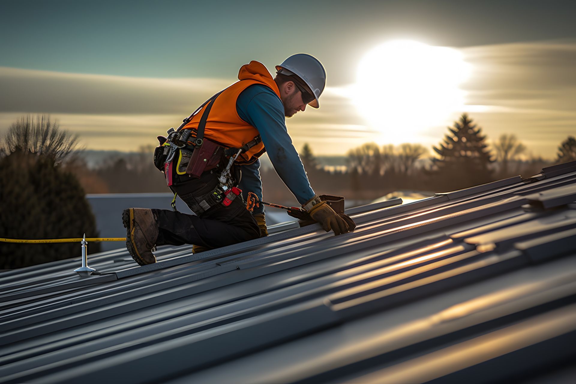 Roofer installing metal roofing on a commercial building at sunset. Roofer installing metal roofing on a commercial building at sunset.