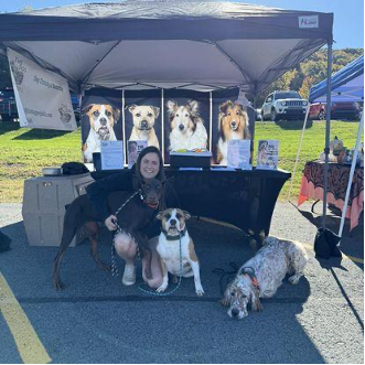 A woman is posing with three dogs under a tent.