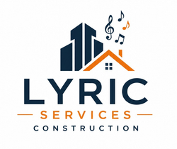 Lyric Services Construction logo with dark blue buildings, orange roofline, and musical notes