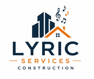 Lyric Services Construction logo with dark blue buildings, orange roofline, and musical notes