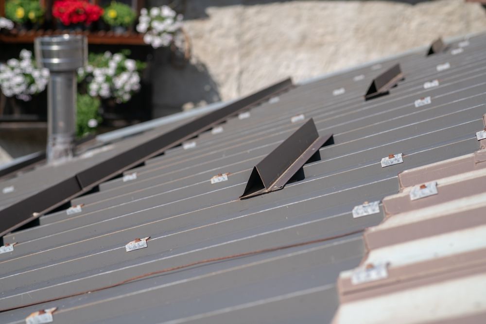 Close-up of a sloped roof with dark solar panels and skylights beside a garden
