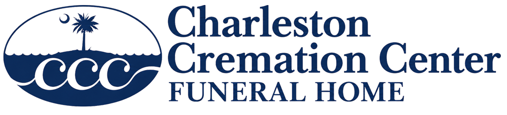 Charleston Cremation Center Funeral Home logo with blue palm tree emblem and text