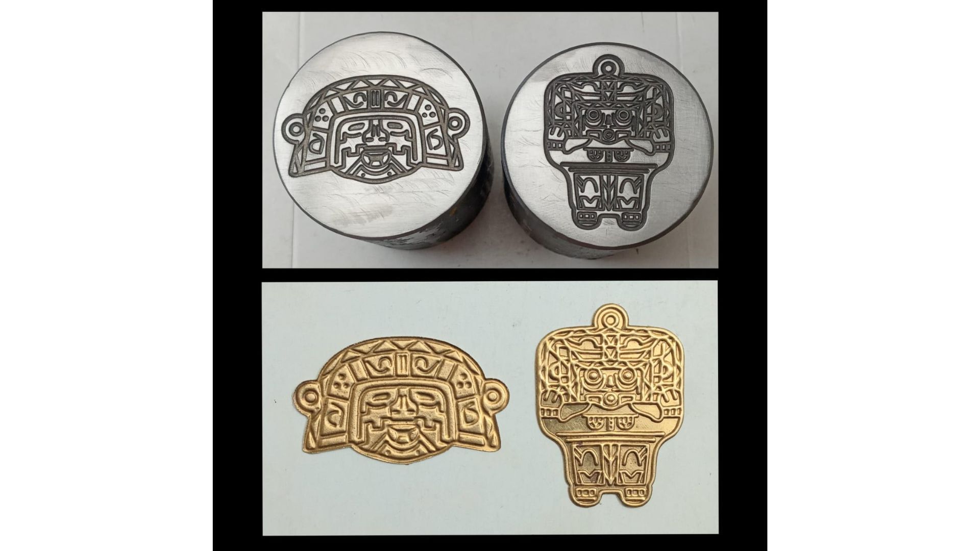 Sellos con diseños grabados sobre piezas fundidas de metal dorado. Los sellos son circulares