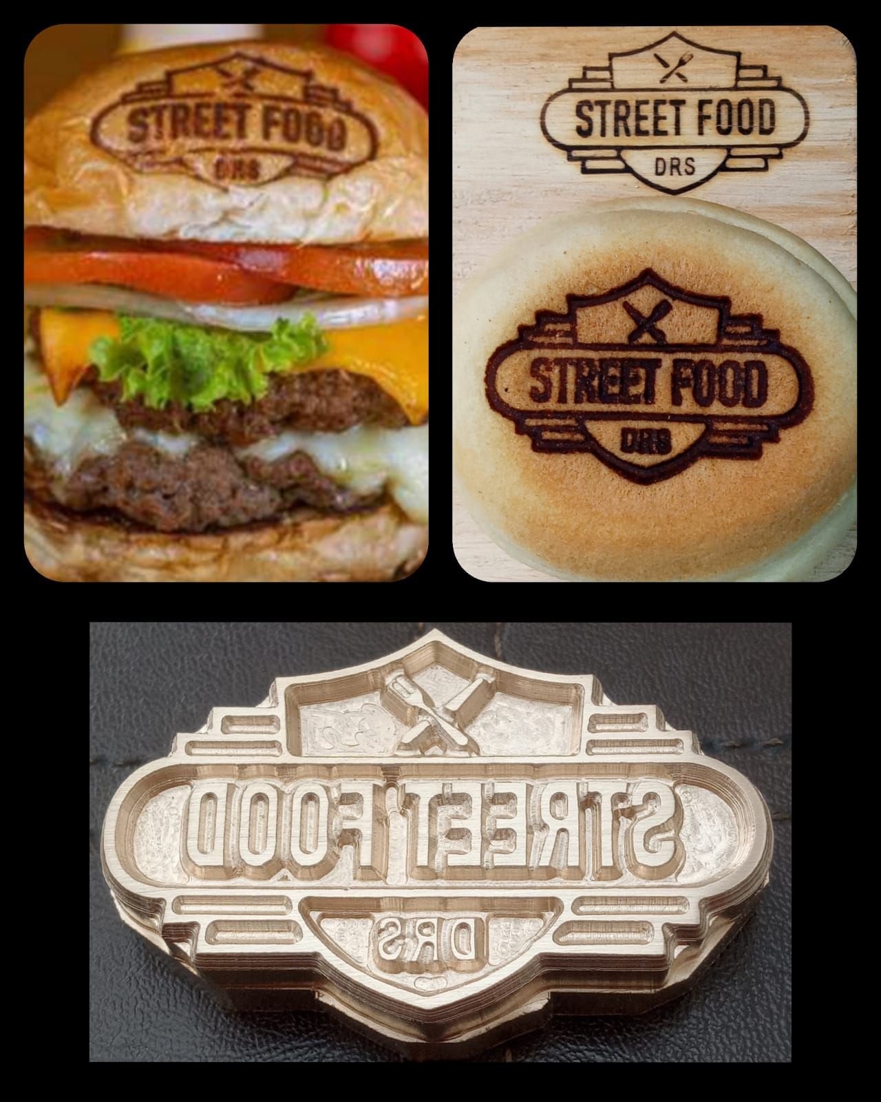 Tres imágenes: una hamburguesa con el logo 