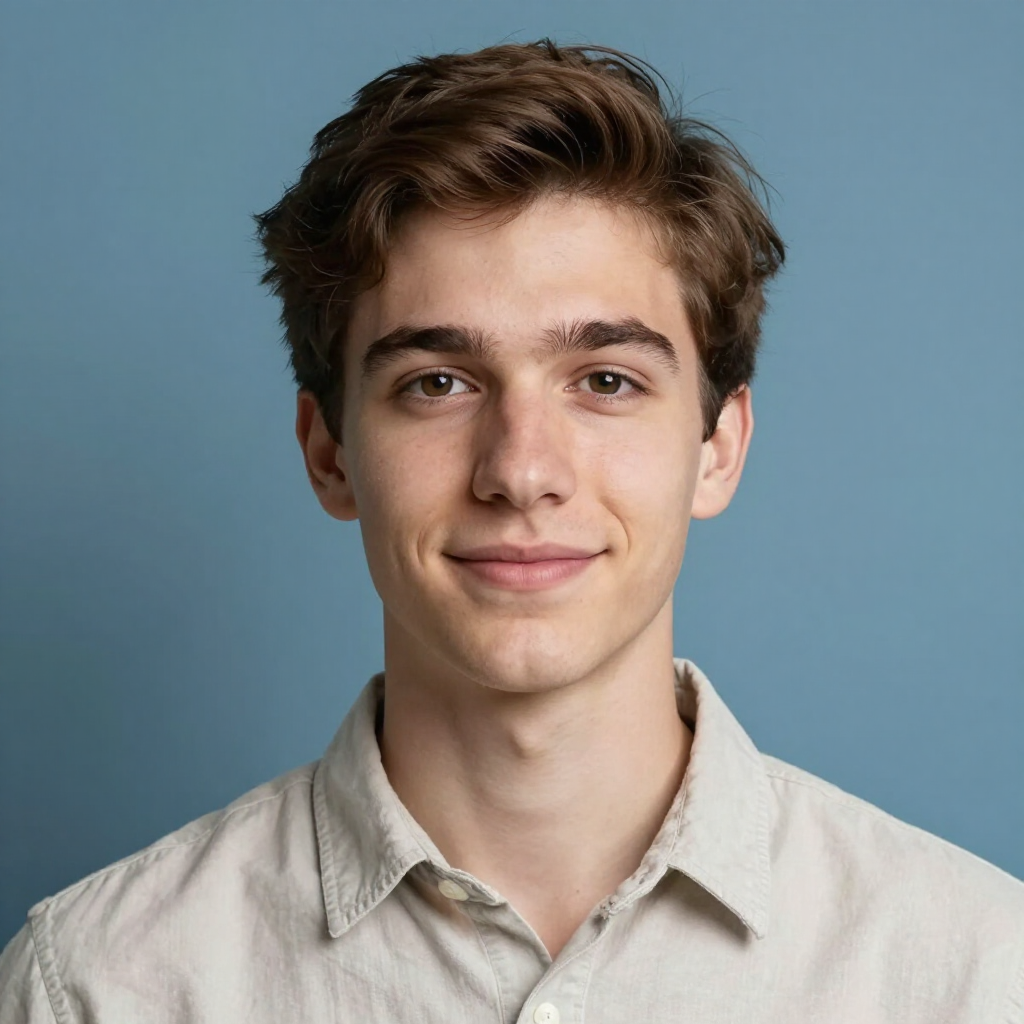 Portrait of a smiling person against a blue background, wearing a light beige shirt