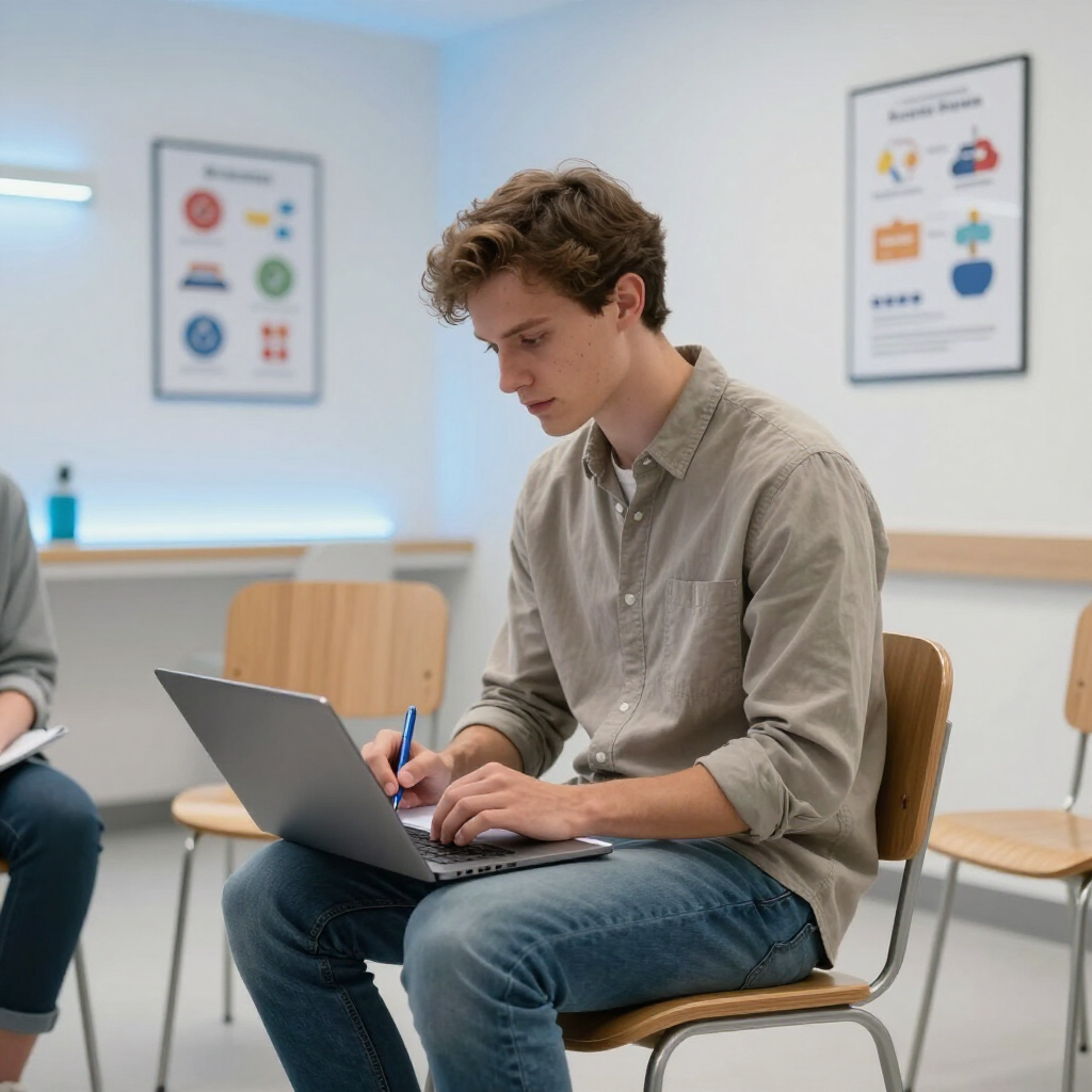 Person typing on a laptop in a bright waiting room, seated on a chair with posters on the wall.