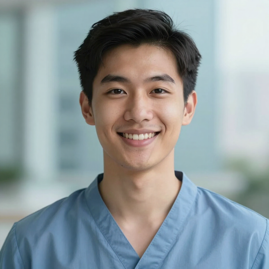 Smiling person in blue scrubs against a softly blurred clinic background