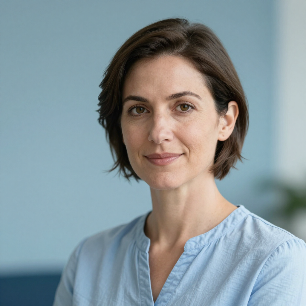 Portrait of a person in a light blue blouse against a soft blue background