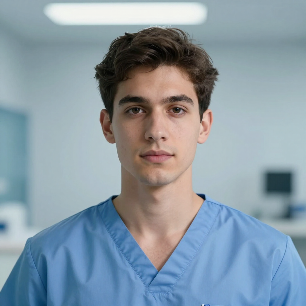 Healthcare worker in blue scrubs standing in a bright clinical room, facing the camera.