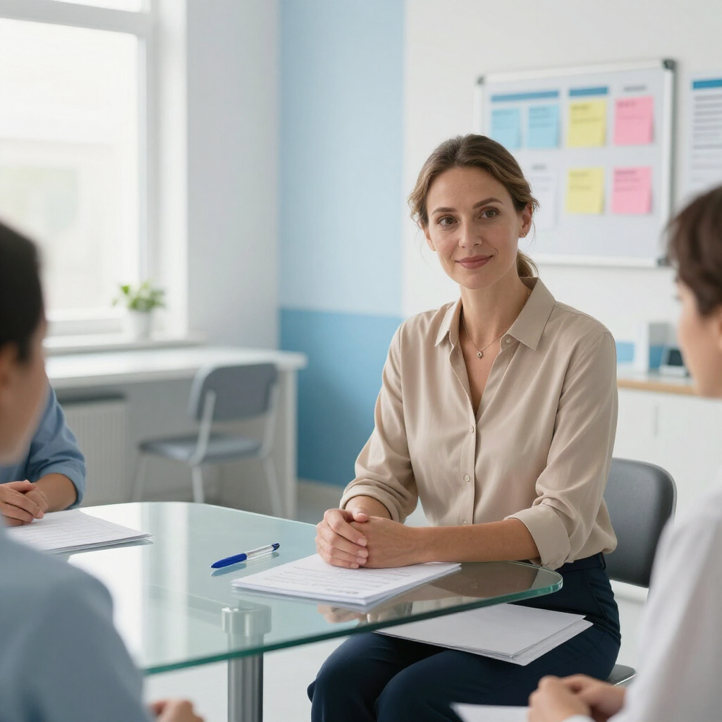 Woman seated at a conference table in a bright meeting room, with notes and coworkers nearby