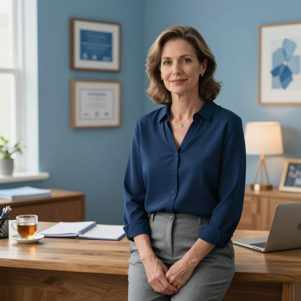 Professional woman standing in a bright office beside a desk and laptop, with framed certificates on the wall