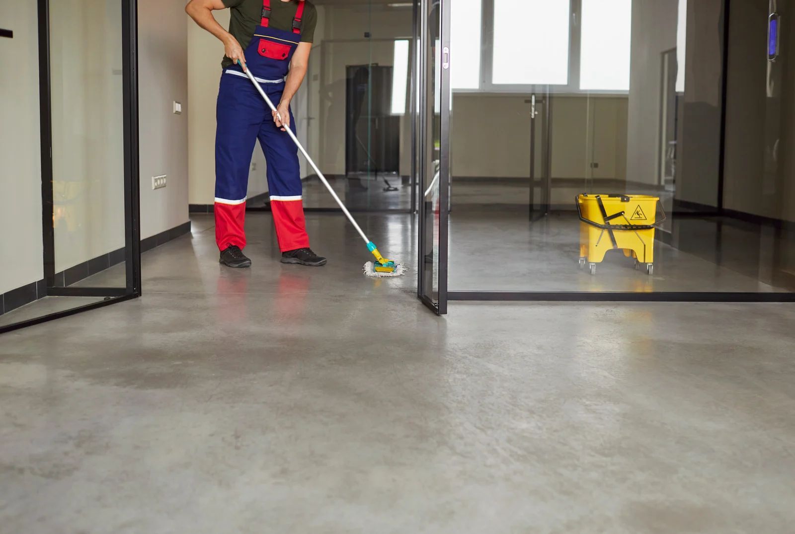 Person mopping a gray floor in an office hallway with glass walls. A yellow bucket sits nearby.