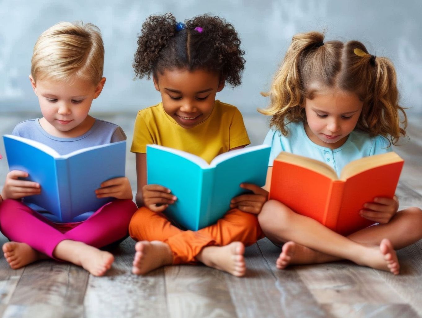 Three children sit on a floor reading colorful books together