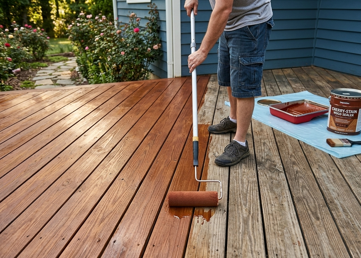Person painting a wooden deck with a roller, half stained red-brown and half unfinished.