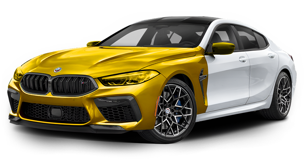 Yellow and white BMW M8 coupe.