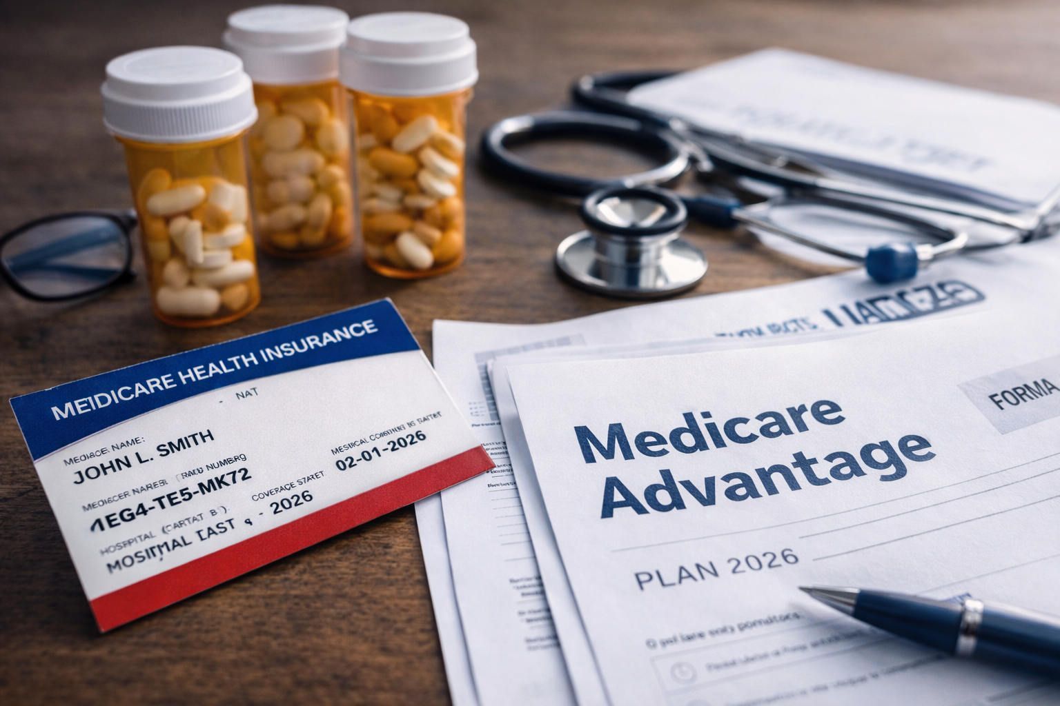 Medicare Advantage plan paperwork with pill bottles and a stethoscope on a desk