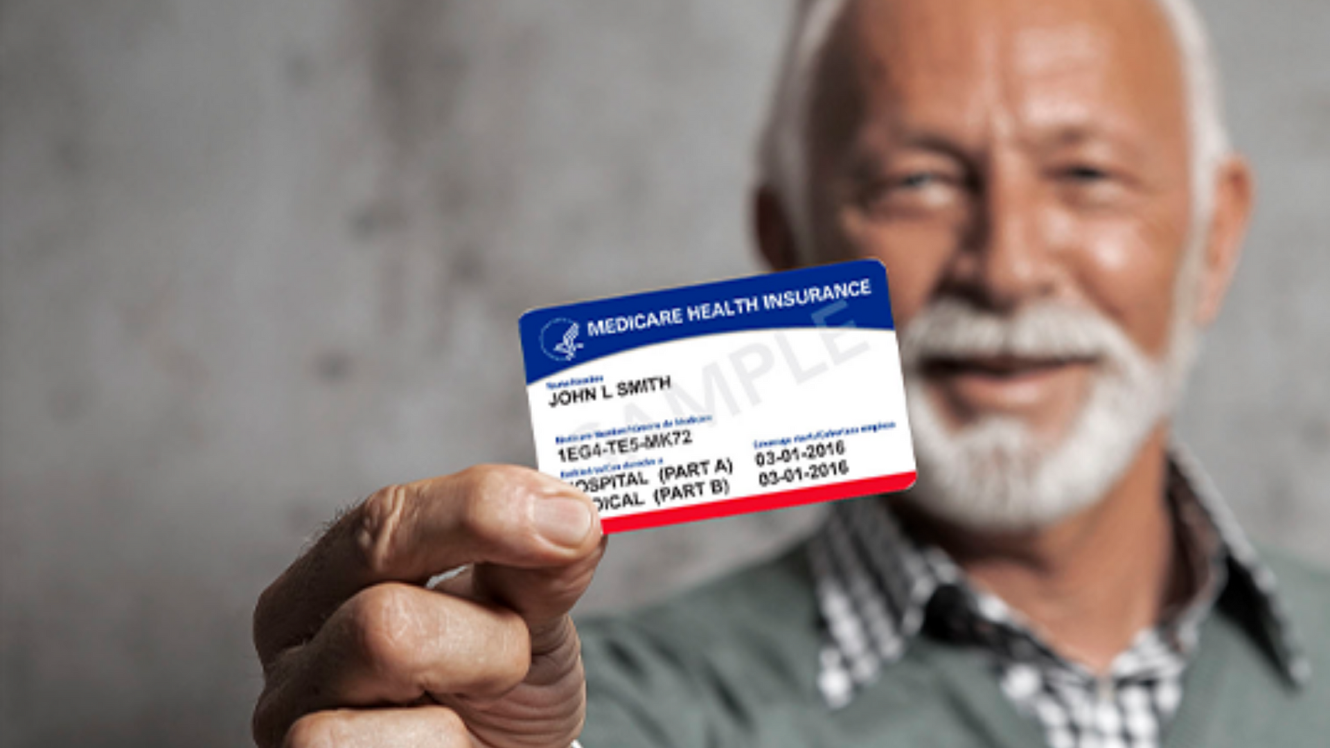 Person holding up a blue and red Medicare card, smiling in the background.