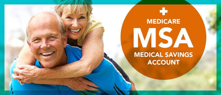 Smiling couple in a pool beside Medicare MSA medical savings account logo