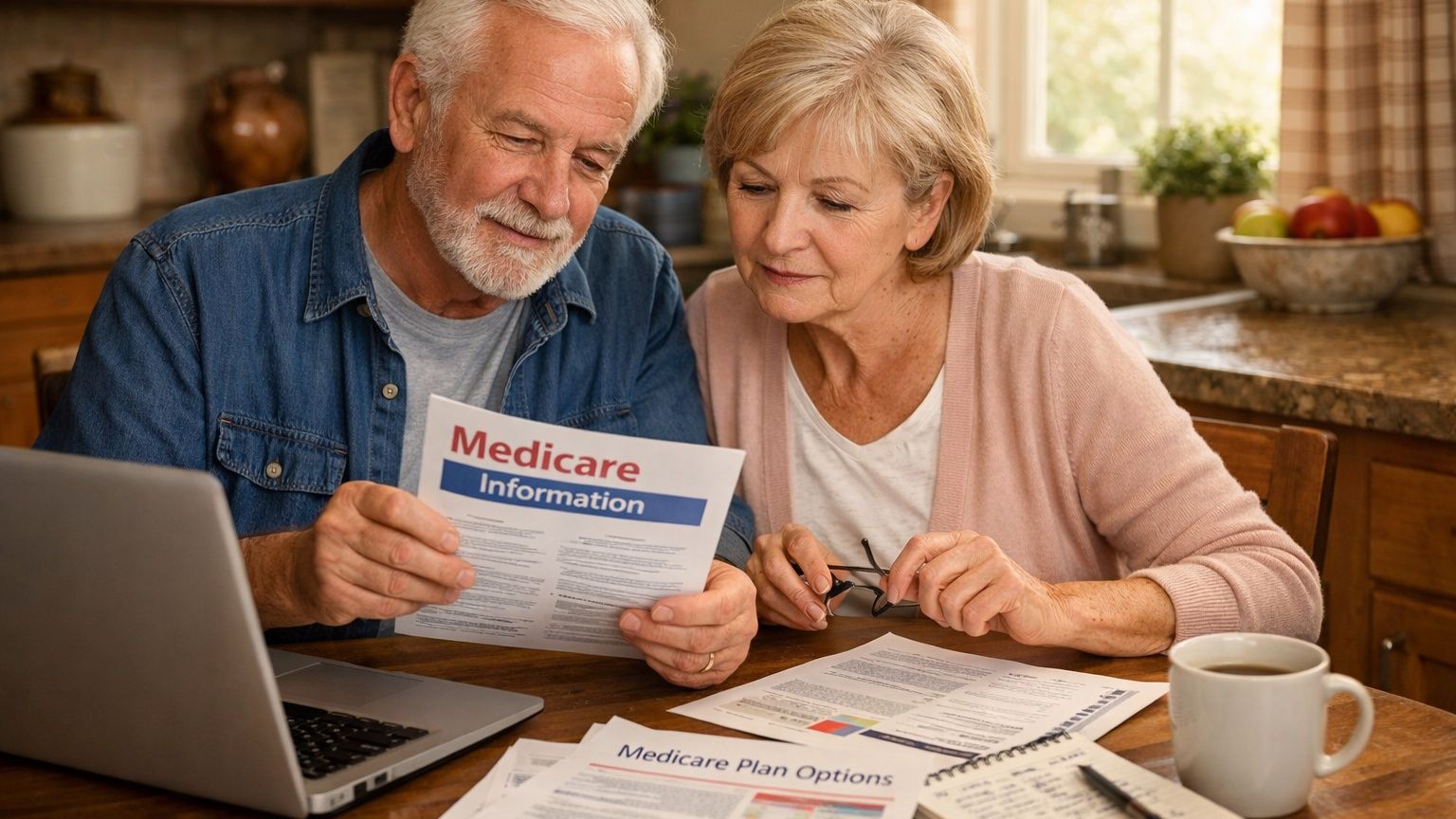 Older couple reviewing Medicare information at a kitchen table with laptop, papers, and coffee mugs