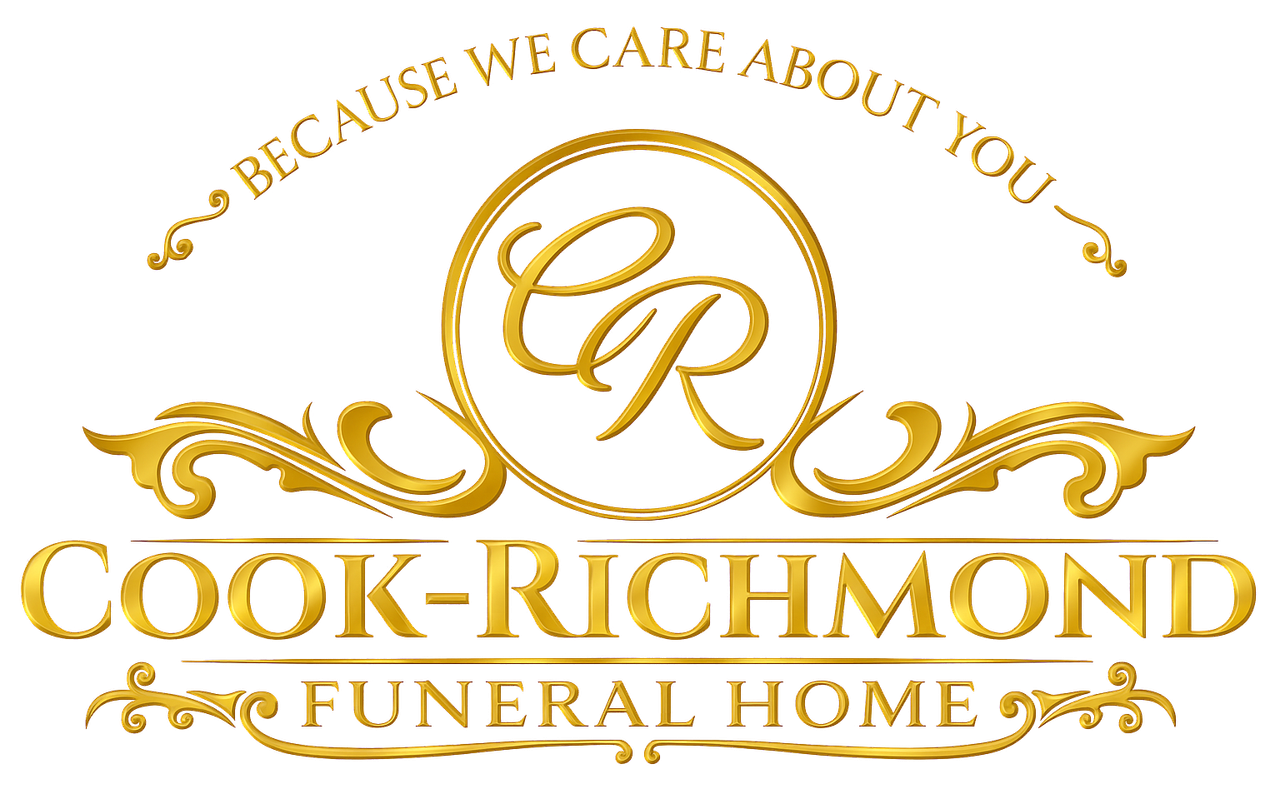 Golden Cook-Richmond Funeral Home logo with entwined "CR" in a circle, ornate scrollwork, and tagline.