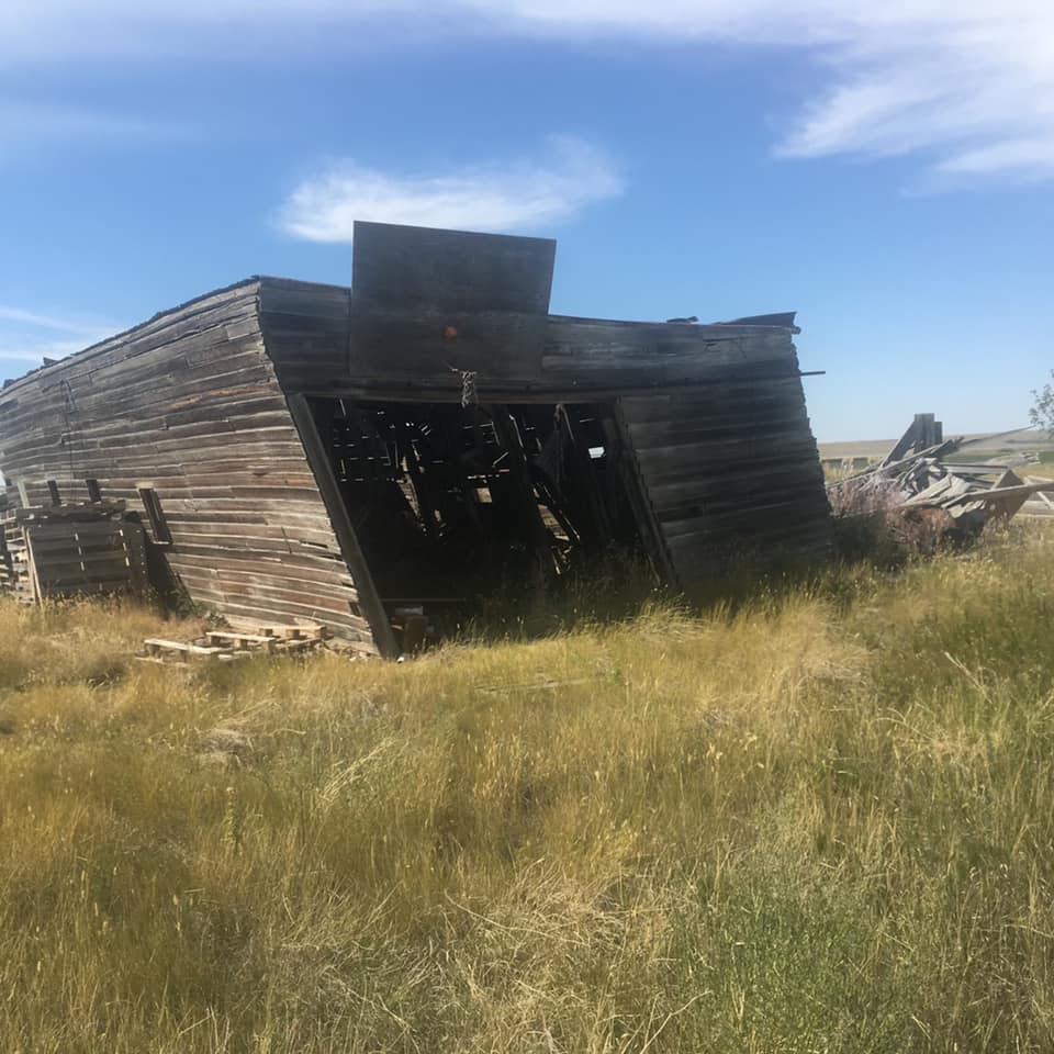 Dilapidated wooden building leaning, outdoors. Tall grass, blue sky.