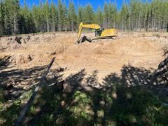 A yellow excavator works in a large, sandy pit surrounded by trees under a blue sky.