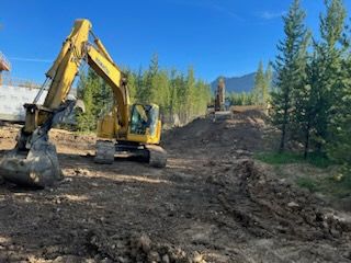 Yellow excavator clearing land near trees, with another excavator in the background under a blue sky.
