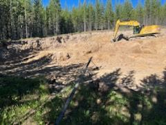 Yellow excavator on a dirt construction site, clearing land near a forest.